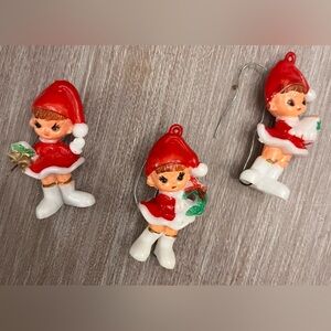 3 Pixi Elf Ornaments Wreath Hook Inserted 2.5' plastic Vintage Christmas Decor